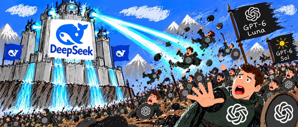 漫画插图：DeepSeek 城堡发射光束，举着 GPT-6 Sol 与 Luna 旗帜的 OpenAI 士兵发起冲锋